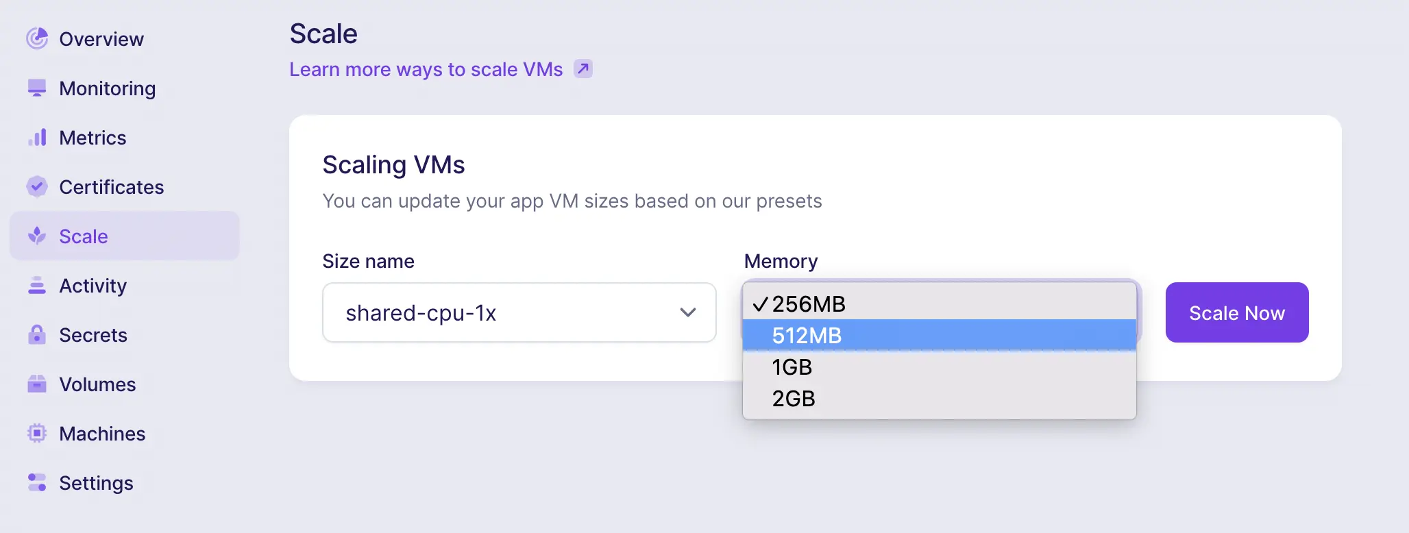 Fly.io VM scaling interface