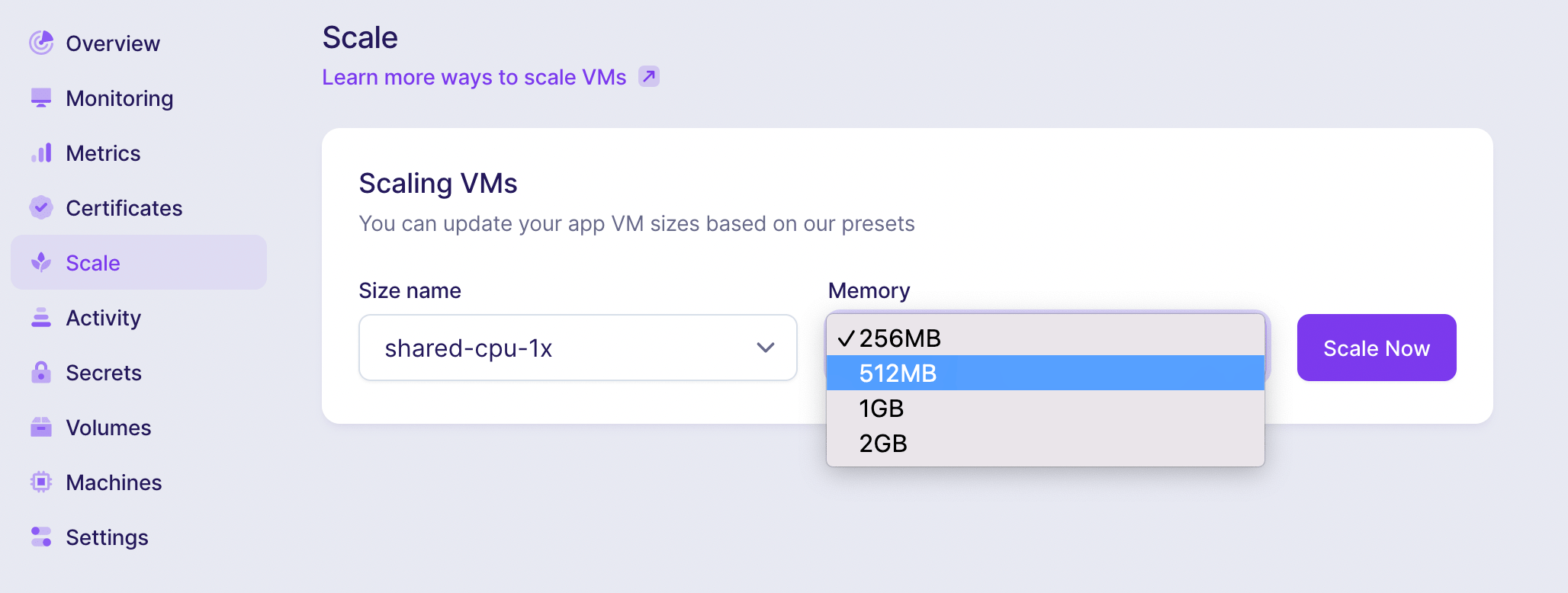 Fly.io VM scale interface