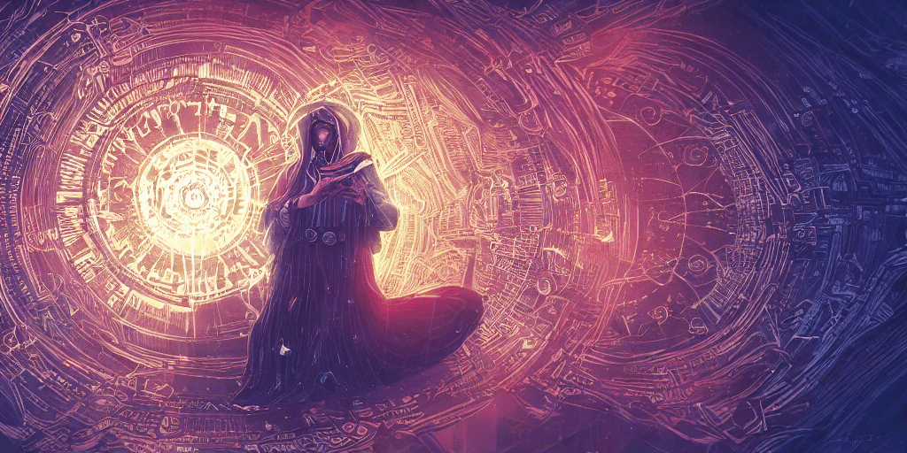 The oracle reading the future from Conway's Game of Life, technomancer aesthetic, digital illustration, 8k uhd - generated using Stable Diffusion